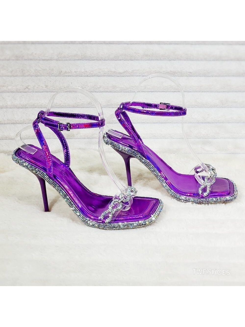 Mini .5" Rhinestone Platform Purple Hologram Upper Wrap Strap Heels Baily